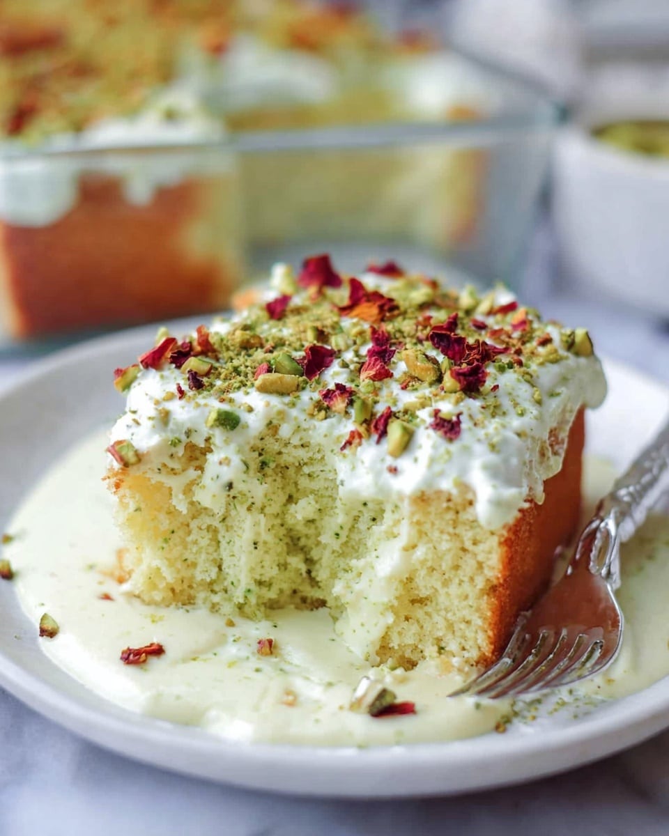 A piece of light green sponge cake sits on a white plate with soft white cream spread thickly over the top. The cake looks moist and fluffy, and there is a creamy sauce pooled around the base on the plate. On top of the white cream, there are small crumbles of green nuts and dried red flower petals scattered for decoration. The cake has a hand-shaped bite taken out from the left side showing its airy texture inside. A silver fork with a white handle is placed to the right on the plate, and the setting rests on a white marbled surface. A glass dish of the same cake is blurred in the background. Photo taken with an iphone --ar 4:5 --v 7