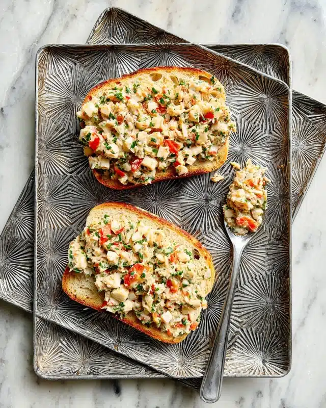 Two slices of toasted bread lie on a textured gray tray with starburst designs. Each slice is fully topped with a creamy mixture that includes small white pieces, chopped green herbs, and diced red tomatoes, giving a colorful and chunky look. A silver spoon with some of the same mixture is placed next to the bread on the tray. The entire scene is set on a white marbled surface. photo taken with an iphone --ar 4:5 --v 7