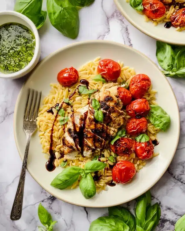 A white round plate is filled with three main layers: at the bottom, there is a bed of golden-yellow orzo pasta mixed with small bits of light brown nuts; on top of the pasta, there is a piece of grilled chicken with a browned and slightly charred surface, drizzled with dark balsamic glaze streaks; scattered around the chicken are bright red roasted cherry tomatoes, some showing slight blackened spots; fresh green basil leaves are placed over and around the chicken and tomatoes, adding a fresh touch. A silver fork rests on the left side of the plate. The setting is a white marbled surface with green basil leaves and a small white bowl of green pesto visible in the background. Photo taken with an iphone --ar 4:5 --v 7