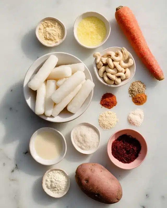 The image shows a flat layout of various raw ingredients on a white marbled surface. At the center bottom is a white bowl filled with long, smooth white rice cakes. Surrounding it are small white bowls containing pale beige cashews, a yellow powder, a frothy light beige liquid, another liquid with a creamy pale color, and a collection of small powders and spices including reddish brown, white, and beige tones arranged in small piles. Additionally, there is a whole carrot with a rough orange surface and a brown potato with a rough skin. A small pink dish holds a mound of dark red spice paste. Everything is cleanly arranged with soft natural light. Photo taken with an iphone --ar 4:5 --v 7