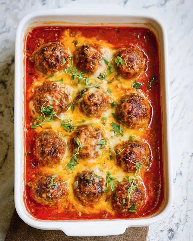 Beef Enchilada Meatballs Recipe 5 A white rectangular dish filled with four rows of evenly spaced round meatballs, each covered in melted golden-brown cheese with some crispy edges, sitting in a rich red tomato sauce that fills the bottom of the dish and slightly bubbles around the edges. Small green herb leaves are sprinkled on top, adding a fresh pop of color. The dish is placed on a white marbled surface. photo taken with an iphone --ar 4:5 --v 7