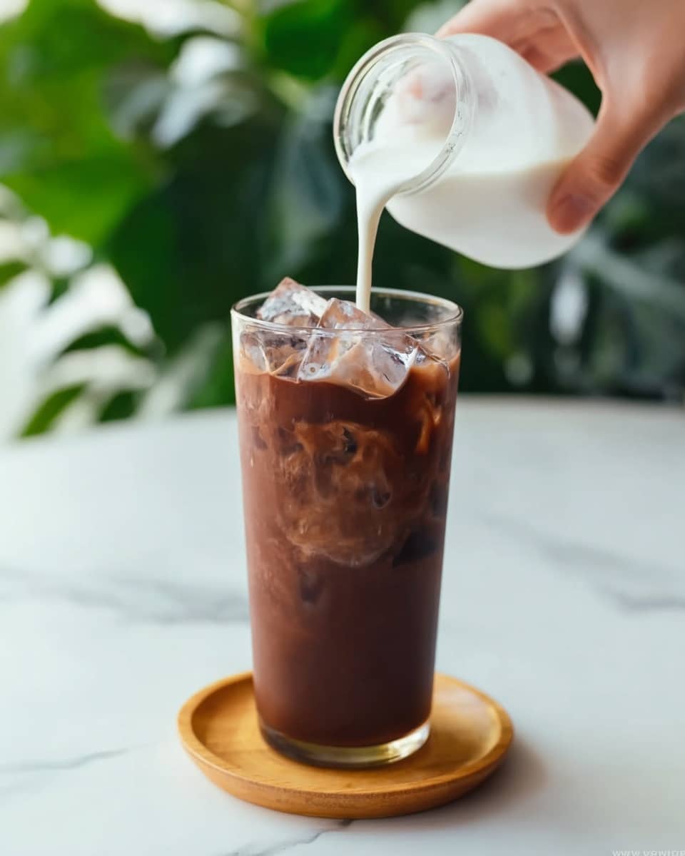 A tall clear glass filled with dark brown iced chocolate, with medium ice cubes visible near the top. A woman's hand is pouring white milk from a small glass jar into the iced chocolate, creating a swirling mix on the surface. The glass sits on a round wooden coaster, and the background shows blurred green leaves and a white marbled surface. The photo taken with an iphone --ar 4:5 --v 7