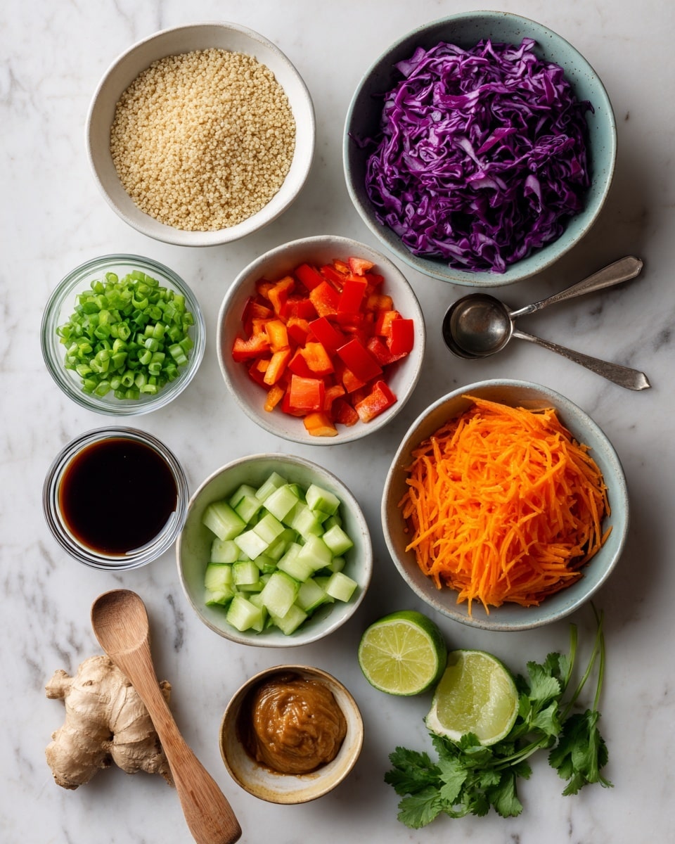 The image shows a flat lay of various fresh ingredients on a white marbled surface, each in small white bowls or placed directly on the surface. There is a bowl of light beige quinoa grains at the top left, next to a bowl of bright purple shredded red cabbage on the top right. Below the quinoa is a bowl filled with small pieces of red bell pepper, while the center has a bowl with chunks of green cucumber. To the right is a bowl of sliced orange carrots. Further down on the left, a small bowl of chopped green onions is present. In the center, a clear glass bowl contains a dark brown tamari sauce, and next to it on the right, a small silver cup holds a darker amber liquid of pure maple syrup. A wooden spoon rests below with a smooth pile of brown nut butter on it. At the bottom left lies a piece of fresh ginger root. On the bottom right, fresh green cilantro leaves and two lime halves with bright green flesh are placed. The overall layout is clean and colorful, showing the ingredients separately before mixing. Photo taken with an iphone --ar 4:5 --v 7