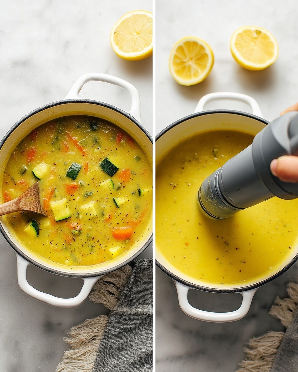 The image shows two white pots on a white marbled surface with a gray fringe cloth nearby. The left pot contains a yellow soup with visible chunks of green zucchini and orange carrot, and a wooden spoon lifting some vegetables from the soup. The right pot shows the same soup being blended with a gray hand blender held by a woman's hand, creating a smooth, creamy yellow mixture with small specks of seasoning. Two bright yellow lemon halves sit near the pots, adding a fresh, vibrant touch to the scene. Photo taken with an iphone --ar 4:5 --v 7
