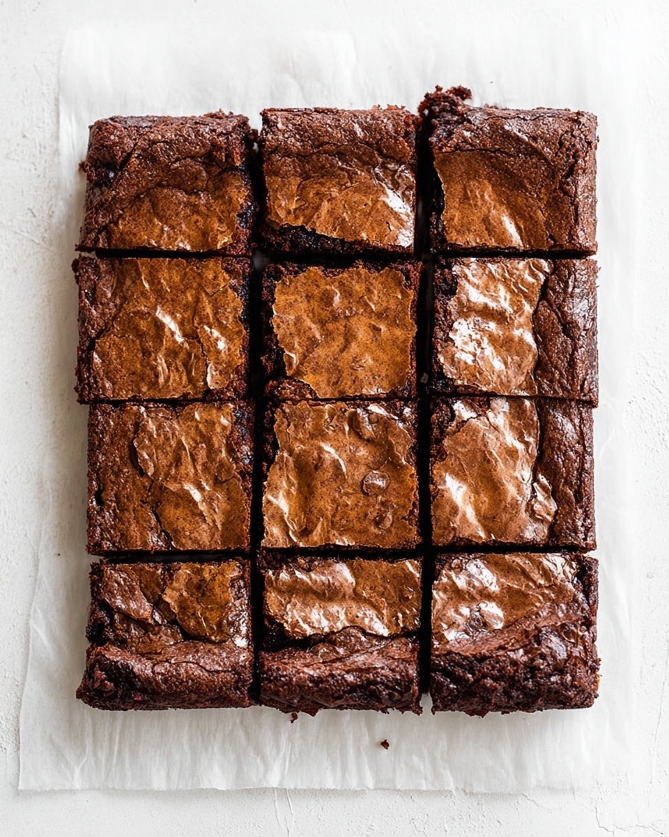 A square chocolate brownie is cut into nine equal pieces, arranged in a 3x3 grid on a sheet of white parchment paper. The top layer of the brownie has a slightly cracked, shiny dark brown crust with a rich, dense texture. Edges are slightly raised and darker, showing a firmer consistency. The white marbled surface beneath contrasts with the dark chocolate color of the brownie, highlighting its moist interior visible at the cuts. Photo taken with an iphone --ar 4:5 --v 7