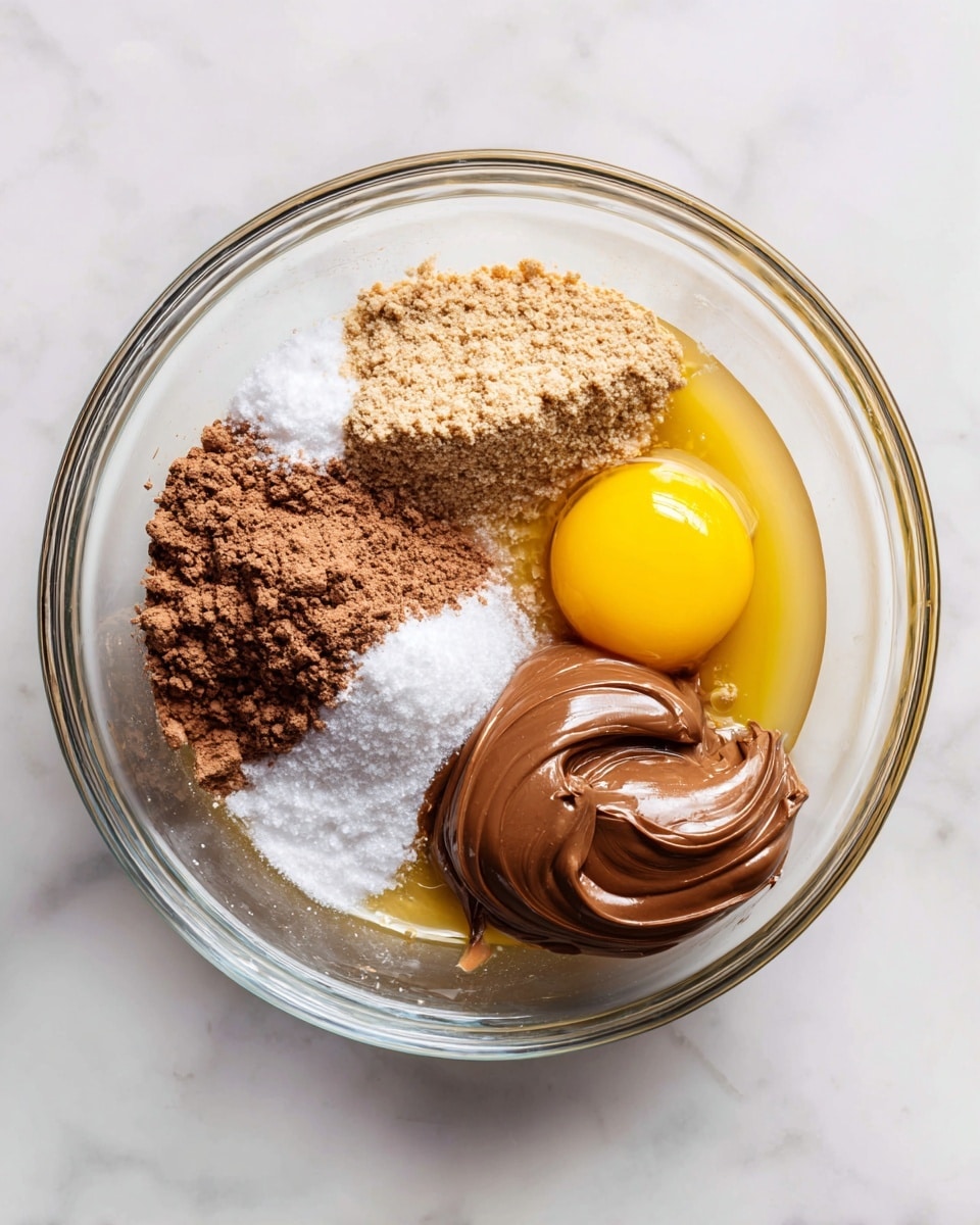A clear glass bowl sits on a white marbled surface, holding six ingredients arranged separately inside. In the top right is a smooth, shiny brown dollop of nutella with a slightly swirled texture. Just below it on the right is a bright yellow egg yolk surrounded by its clear egg white. To the left of the egg is a light brown vanilla liquid forming a small pool. Above the vanilla is a soft heap of medium brown cocoa powder. Above the cocoa powder, near the top left, is a small pile of fine white sugar, and next to it on the far left is a pinch of coarse white sea salt. The bowl and ingredients show clear, detailed textures and natural colors. Photo taken with an iphone --ar 4:5 --v 7