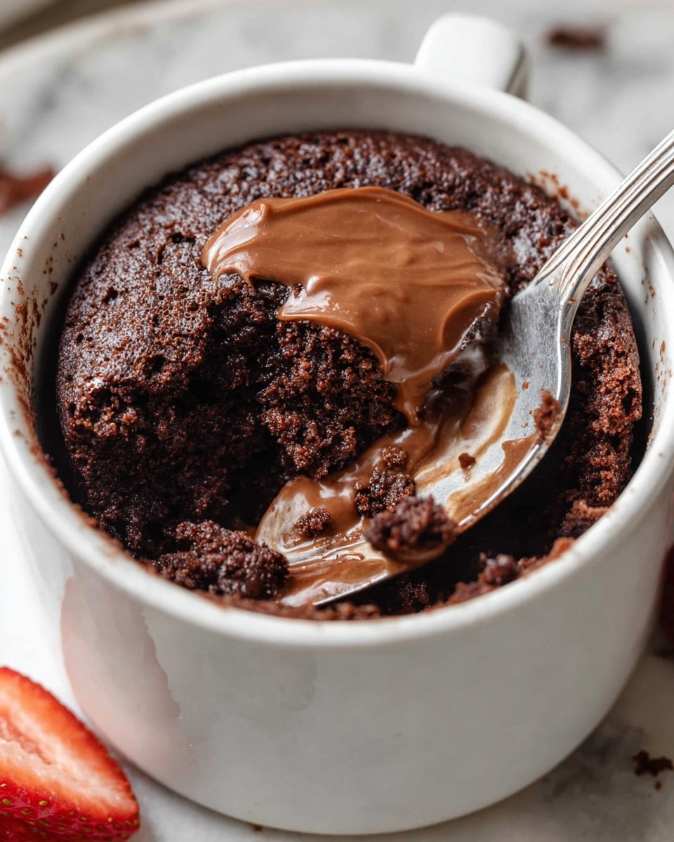 The image shows a close-up of a white cup filled with dark brown chocolate cake with a soft, moist texture. On top, there is a smooth layer of light brown melted chocolate spread partially, contrasting with the rough cake surface. A silver spoon is stuck into the cake on the right side, with some cake and melted chocolate on it. The cup is placed on a white marbled surface, and there are a few strawberries partly visible at the bottom left corner. photo taken with an iphone --ar 4:5 --v 7