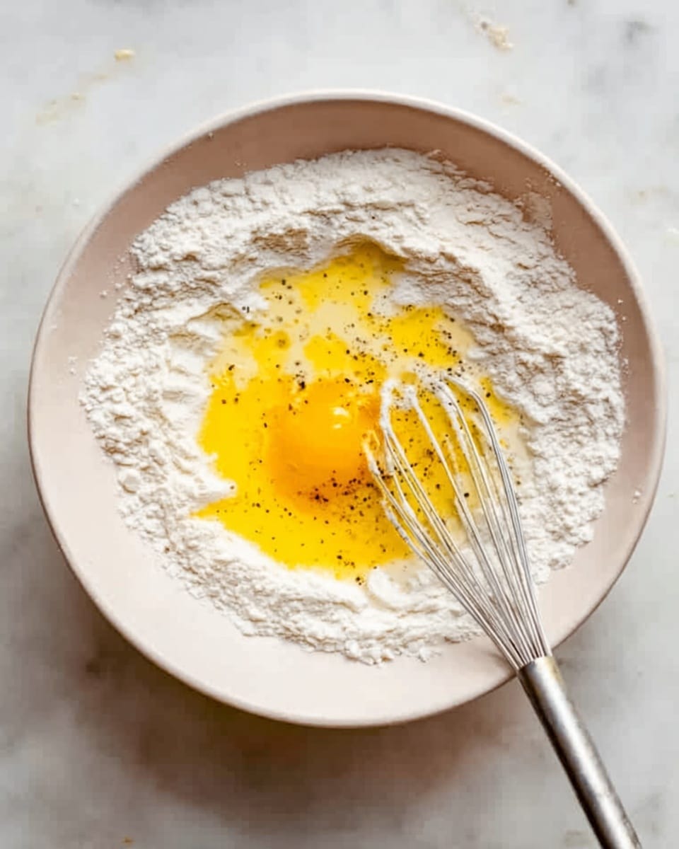 A white bowl filled with a ring of white flour around the edges, with yellow beaten eggs pooled in the center, and small black pepper specks scattered on the eggs. A shiny silver whisk rests inside the bowl on the right side, partially touching the egg mixture. The bowl is placed on a white marbled surface. photo taken with an iphone --ar 4:5 --v 7