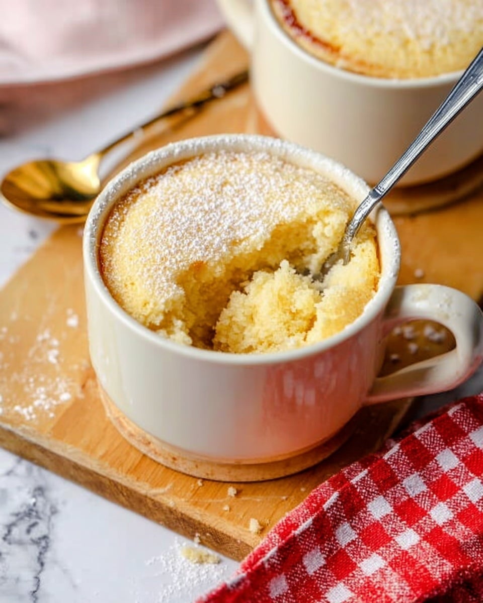 A white mug filled with a soft, light yellow baked dessert with a slightly crumbly texture on top, showing a small scoop taken out by a spoon inside the mug. The dessert looks fluffy and moist, with a fine layer of powdered sugar dusted on top. The mug sits on a light wooden board, with a golden teaspoon nearby and a red and white checkered cloth partially visible at the bottom right. The background is a white marbled surface with a blurred out second white mug containing a similar dessert in the upper right corner. Photo taken with an iphone --ar 4:5 --v 7