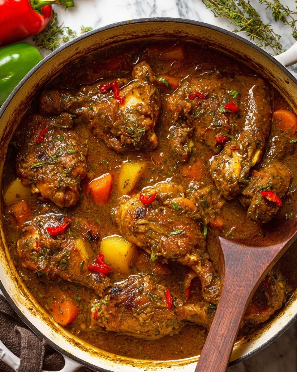 A white pot filled with a thick stew showing several pieces of browned cooked chicken layered throughout. The chicken sits in a rich, brown sauce speckled with herbs and small chunks of vegetables including yellow potato pieces and orange carrot slices scattered evenly. Red pepper bits add small pops of color, and the glossy sauce covers all ingredients, creating a shiny texture. A large wooden spoon rests inside the pot on the right, partially immersed in the stew, sitting on a white marbled surface with some green herbs and bright peppers nearby. Photo taken with an iphone --ar 4:5 --v 7