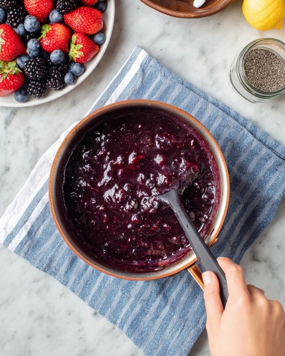 A copper pan filled with thick dark purple berry sauce, showing bits of berries inside the glossy mixture. The pan sits on a blue and white striped cloth on a white marbled surface. A woman's hand is stirring the sauce with a dark spatula from the right side of the image. In the upper left, there is a white plate with fresh strawberries, blueberries, and blackberries, and a small glass jar with seeds is on the right side of the frame. photo taken with an iphone --ar 4:5 --v 7