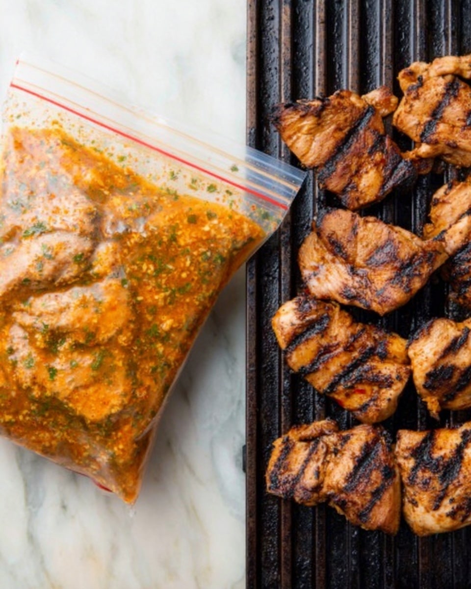 The image shows two scenes side by side. On the left, there is a close-up of a zip-lock bag filled with marinated pieces of chicken, the marinade is orange with visible green herbs mixed in, the bag lies on a white marbled surface. On the right side, several grilled chicken pieces are on a black grill with clear grill marks and charred edges, the texture looks crispy and cooked. Photo taken with an iphone --ar 4:5 --v 7