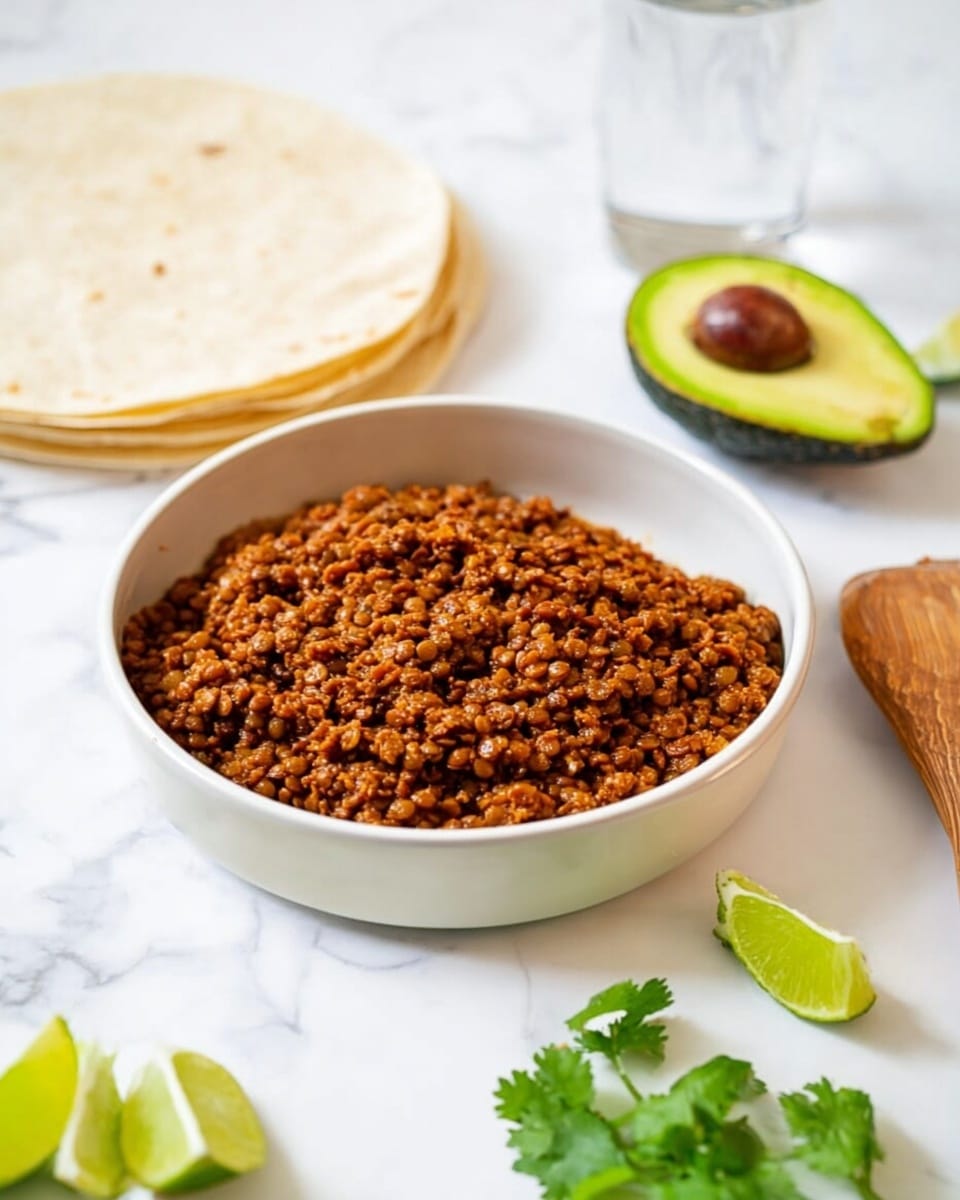 A black pan filled with cooked browned ground meat mixed with sauce, showing a rich, reddish-brown color and slightly chunky texture. A woman's hand is stirring the mixture with a wooden spatula from the right side of the frame. The pan sits on a white marbled surface with a wooden cutting board partially visible under the top edge. photo taken with an iphone --ar 4:5 --v 7