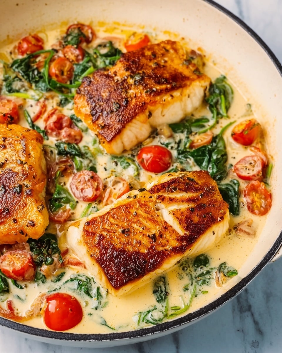 The image shows three golden-brown cooked fish fillets with a slightly crispy top layer. They sit in a creamy light beige sauce mixed with vibrant red cherry tomatoes and bright green spinach leaves scattered around. The dish is presented inside a white pan with a black rim, placed on a white marbled surface. The sauce has a smooth, rich texture with small bits of cooked ingredients blending in, surrounding the fish pieces. Photo taken with an iphone --ar 4:5 --v 7