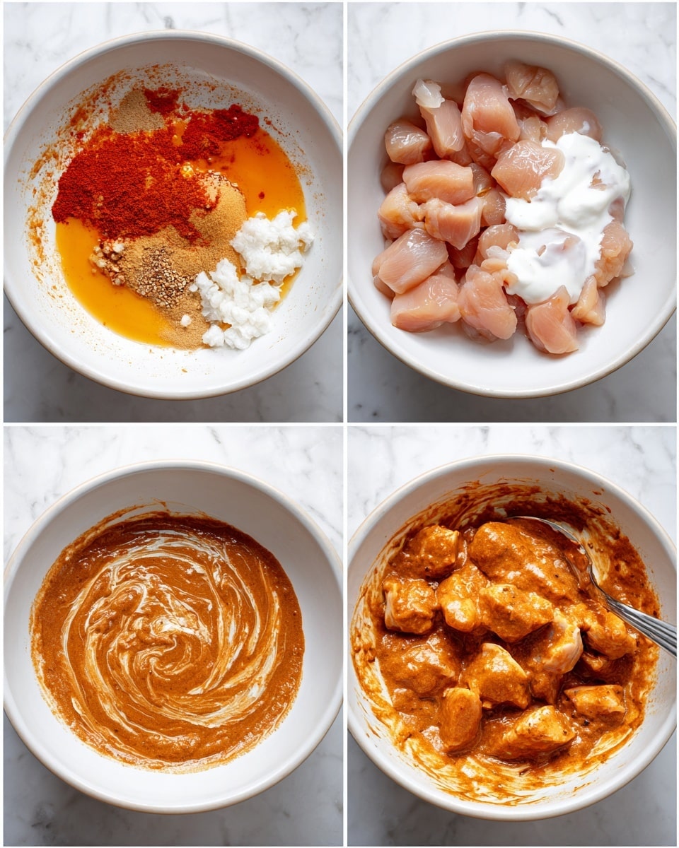 A sequence of four photos showing a white bowl on a white marbled surface with ingredients and mixing stages. The first image shows many ingredients separated: orange oil pools over red paste and crushed spices, white yogurt, and crushed garlic clustered on the right side. The second image shows the bowl filled with a blended orange-brown thick sauce with some swirl patterns on top. The third image shows raw cubed chicken pieces placed on top of the sauce in the bowl. The fourth image shows the chicken coated in the thick orange-brown sauce with some streaks of white yogurt visible, with a spoon stirring the mix. photo taken with an iphone --ar 4:5 --v 7