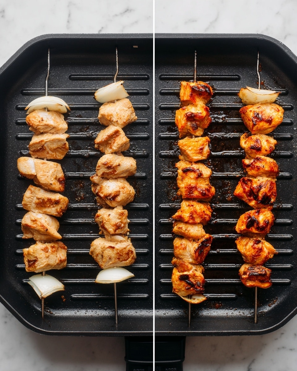 The image shows two views of four skewers placed side by side on a black grill pan with ridges. Each skewer has chunks of cooked meat and pieces of white onion spaced between them. The meat is light golden brown on the left side, with a slightly cooked look, while on the right side, the meat is more deeply cooked with darker grill marks and a richer golden orange color. The onions are slightly charred in some spots. The grill pan's surface shows faint grill lines and a few small meat juices. The background is a white marbled texture. The scene appears bright and clear, focusing on the difference between partially cooked and fully grilled meat skewers. photo taken with an iphone --ar 4:5 --v 7