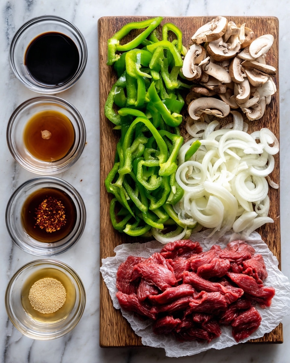 The image shows a white marbled surface with a wooden cutting board on top, holding three piles of sliced vegetables: bright green bell pepper strips on the left, light brown sliced mushrooms in the middle, and white sliced onions on the right. Below the board are six small clear glass bowls arranged in two rows; the top row has dark soy sauce on the left, light brown brown sugar in the middle, and dark Worcestershire sauce on the right. The bottom row holds dark red pepper flakes on the left, amber sesame oil in the middle, and light beige minced ginger on the right. At the bottom, on white crumpled parchment paper, there is a pile of raw dark pink sirloin strips. Photo taken with an iphone --ar 4:5 --v 7