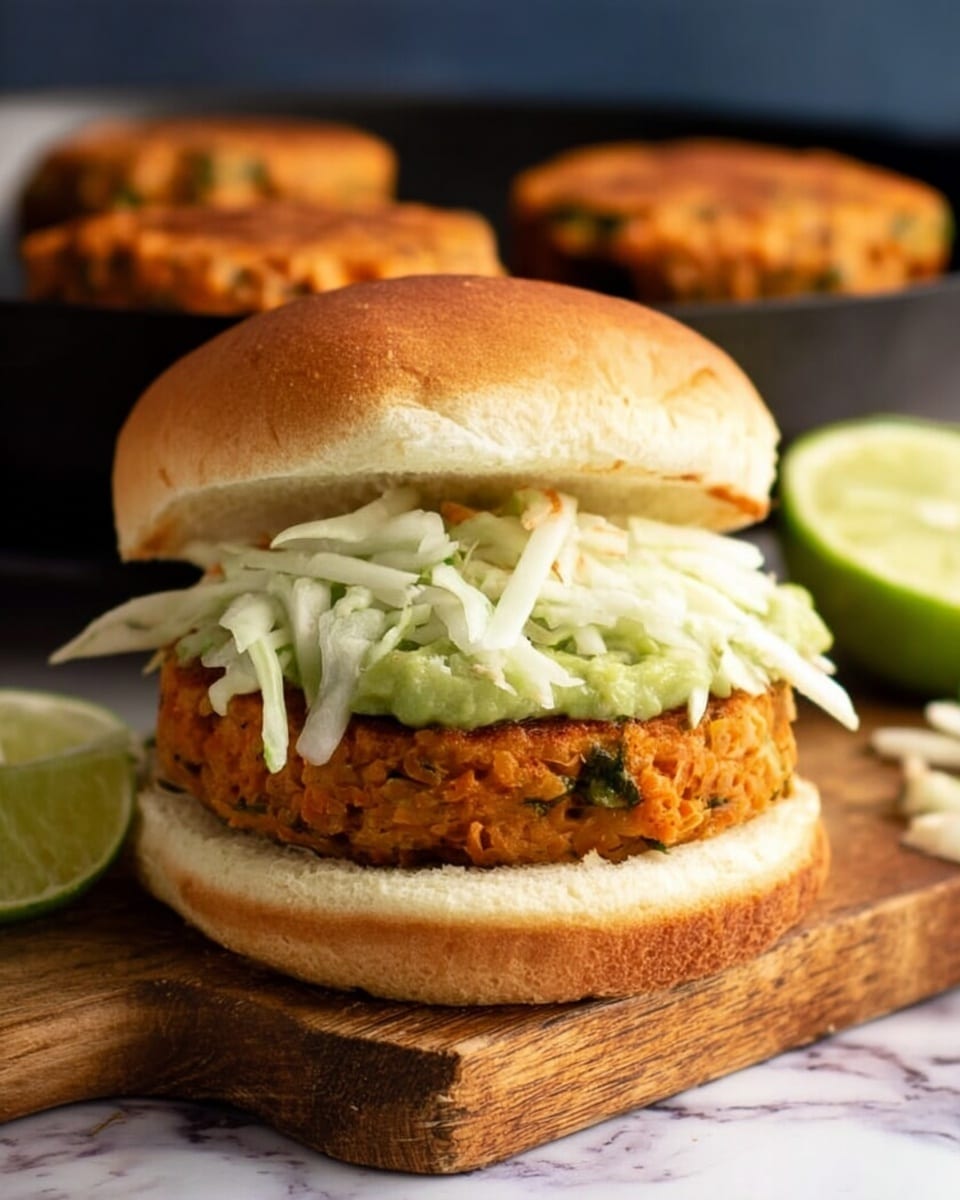 A sandwich with three layers inside a soft, light brown bun, resting on a wooden board with a white marbled surface beneath. The bottom bun is flat and fluffy, topped with a thick, orange-brown patty with visible flecks of green herbs. On top of the patty is a bright green creamy spread, followed by a layer of thin, pale white shredded vegetables. The top bun leans back slightly, showing the layers inside. In the background, there is a sliced lime and more patties cooking on a black pan. Photo taken with an iphone --ar 4:5 --v 7