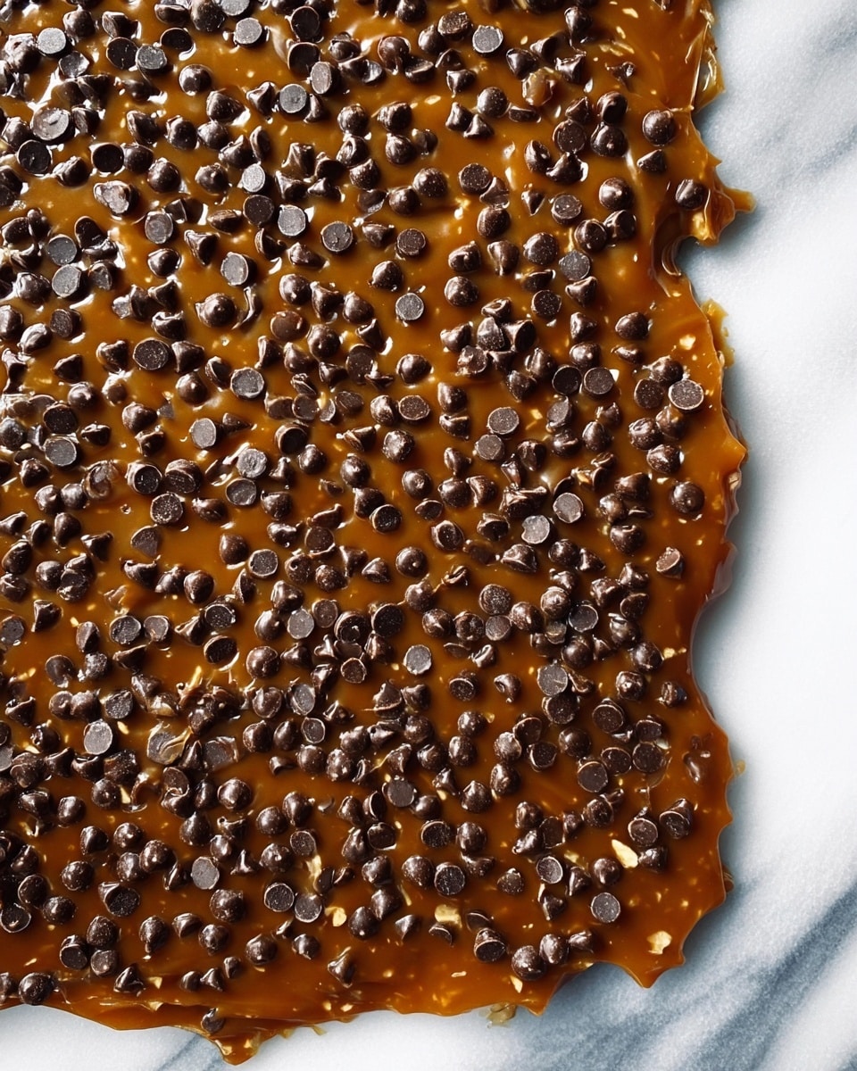 The image shows a single thick layer of rich caramel-colored toffee spread unevenly on a surface, topped with a dense and generous layer of small, round dark chocolate chips that create a textured and glossy finish. The toffee base has visible bits of nuts mixed inside, adding a slightly rough texture beneath the smooth chocolate chip layer. The edges of the toffee are irregular, showing some parts thicker than others. The overall look is shiny and sticky, with two clear layers: the bottom caramel toffee with nuts and the top dark chocolate chip topping. The background is a white marbled texture. photo taken with an iphone --ar 4:5 --v 7