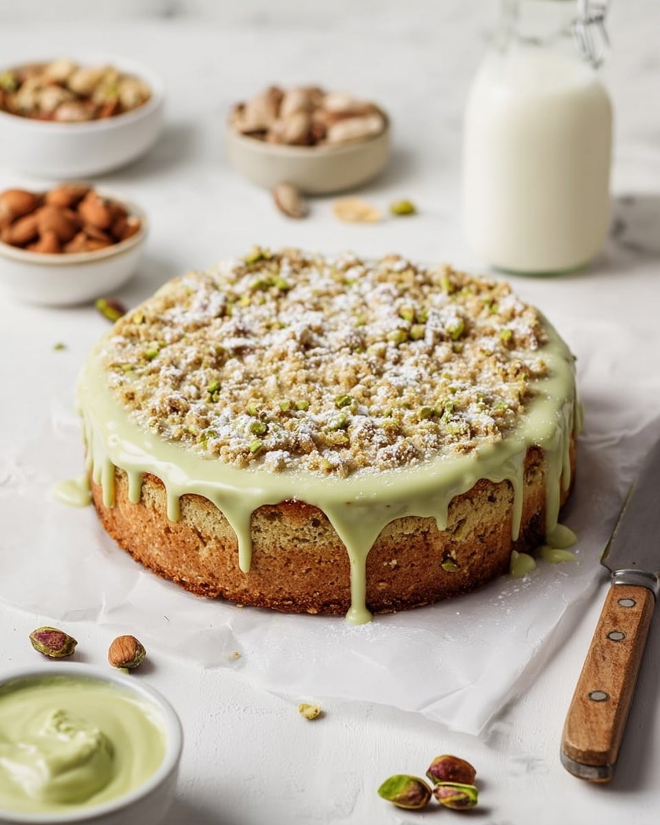 A round cake with a crumbly top layer dusted with powdered sugar and drizzled with smooth light green glaze, sitting on white parchment paper. The cake has a golden brown base layer visible beneath the topping. Around the cake, there are bowls with nuts and green cream, a glass bottle of milk, and a knife with a wooden handle resting on a white marbled background. Photo taken with an iphone --ar 4:5 --v 7