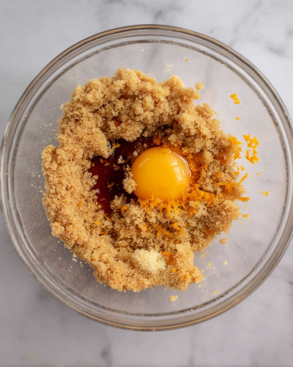 A clear glass bowl sits on a white marbled surface, containing one layer of light brown sugar granules spread unevenly across the bottom. On top of the sugar, there is one raw egg yolk with a bright yellow color positioned near the center left, next to a dark amber liquid, likely vanilla extract, located at the center right. Small scattered bits of orange zest are sprinkled unevenly over the sugar, egg yolk, and vanilla, adding pops of bright orange color. The textures appear crumbly for the sugar, smooth and shiny for the egg yolk, and glossy for the liquid vanilla. photo taken with an iphone --ar 4:5 --v 7