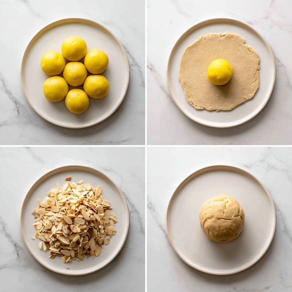 The image shows a six-step process of shaping a sweet dough ball. In step one, there are multiple small, smooth, yellow dough balls arranged close together on a white plate placed on a white marbled surface. Step two shows a flat, rough-edged, light beige dough round laid out on the white marbled surface. Step three places one yellow dough ball in the center of the flat beige dough. In step four, the edges of the beige dough are folded upward around the yellow ball, partially enclosing it. Step five shows the dough fully wrapped into a smooth, light brown round ball sitting on the white marbled surface. Step six shows this round dough ball covered with scattered thin almond slices on top. photo taken with an iphone --ar 4:5 --v 7