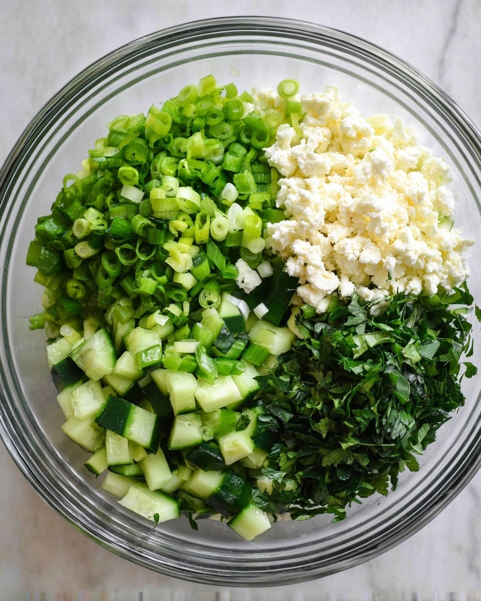 A clear glass bowl holds four distinct layers of fresh ingredients arranged in separate sections. One section contains bright green chopped scallions with small round pieces. Another section has roughly chopped cucumber pieces, showing light green and pale inner flesh. Next to it is a mound of crumbly white cheese. The last section is filled with finely chopped dark green leafy herbs. The bowl sits on a white marbled surface. photo taken with an iphone --ar 4:5 --v 7