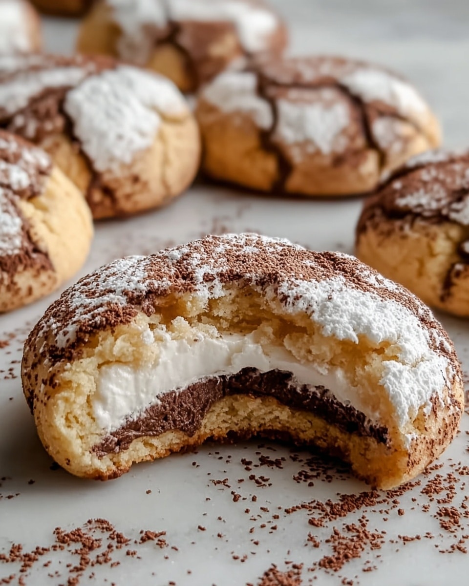 The image shows a soft round cookie with a cracked light brown outer shell dusted with white powdered sugar. Inside the cookie, there are two visible thick layers of smooth white cream filling, separated by the cookie dough, creating a sandwich effect with the cream in the middle. The cookie is broken open in the front, showing the creamy inside and soft texture. In the background, there are three whole cookies, similar in color and texture, all placed on a white marbled surface with some scattered powdered sugar around them. photo taken with an iphone --ar 4:5 --v 7
