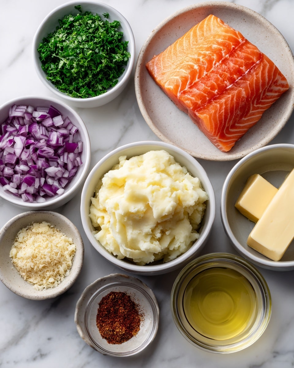 A top-down view shows eight small white bowls arranged in a semi-circle on a white marbled surface, each filled with different ingredients: a bright orange raw salmon fillet with visible muscle lines sits in a white bowl at the top right; chopped green parsley fills a small bowl at the top left; a bowl below it contains light beige breadcrumbs; finely diced purple shallot is in a bowl next to the salmon; a pale yellow square of butter rests in a bowl beside the shallot; minced garlic, pale yellow and finely chopped, is in a small bowl below the butter; a white bowl with white creamy mashed potatoes is centered among the ingredients; deep red old bay seasoning is in a small bowl near the bottom left; light brown dijon mustard fills a small glass bowl next to the old bay; and clear light yellow oil is held in a clear glass bowl at the bottom right. Photo taken with an iphone --ar 4:5 --v 7