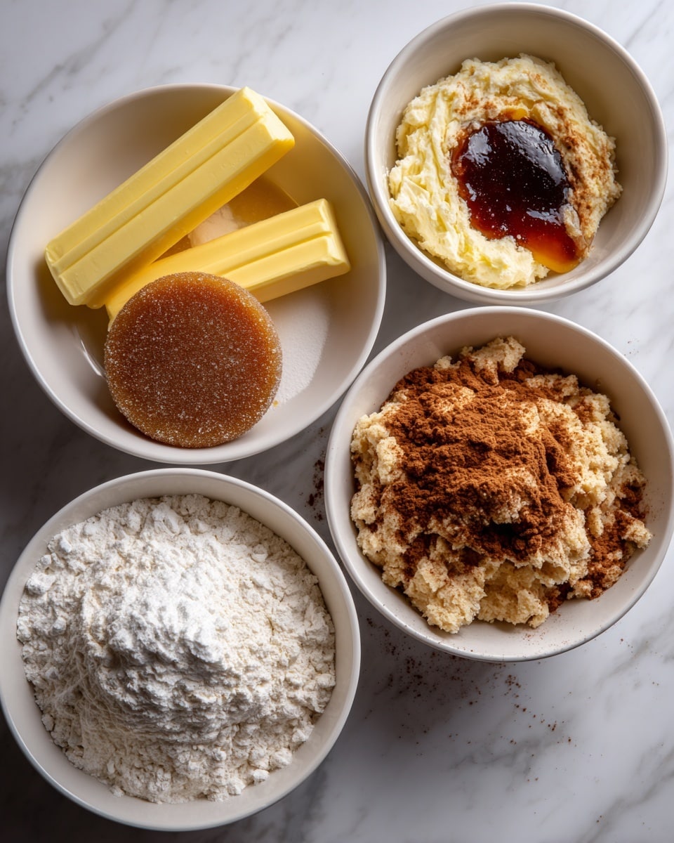 The image shows four white bowls on a white marbled surface, each with different stages of a cookie dough mixture. The first bowl has two yellow butter sticks, light brown sugar, and a round packed disk of darker brown sugar placed on top, all resting side by side. The second bowl contains a fluffy light brown creamed mix with a raw yellow egg yolk and dark syrup poured on it, positioned in the center. The third bowl has a pile of white flour, white baking soda, and rich brown cinnamon powder on top of the dough, with the ingredients not yet mixed. The fourth bowl displays the same dough from bowl two but now partially mixed with the flour, baking soda and cinnamon, creating a rough texture with a white flour layer on top. Photo taken with an iphone --ar 4:5 --v 7