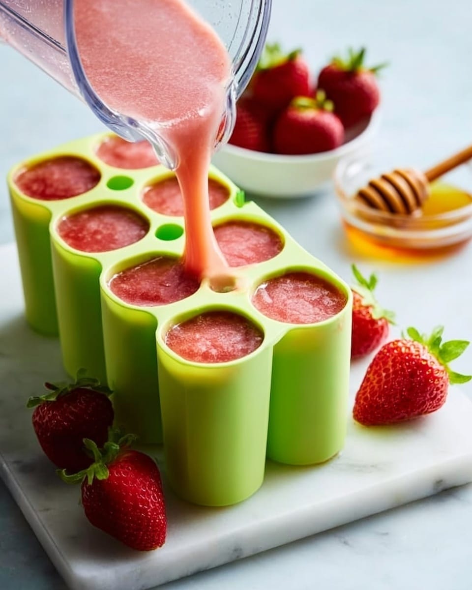 A lime green popsicle mold with six oval-shaped slots is placed on a white marbled surface. A pink liquid is being poured from a clear blender jar into one of the slots, filling it halfway. Around the mold, there are several fresh, bright red strawberries with green leaves resting on the surface. In the background to the right, there is a small white bowl filled with honey and a wooden honey dipper inside it. The scene is bright and clean, showing the preparation of fruity popsicles. Photo taken with an iphone --ar 4:5 --v 7