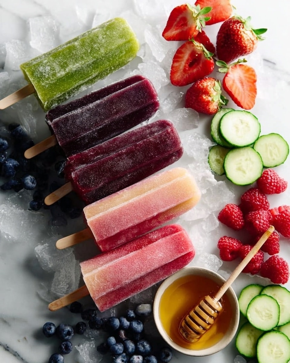 The image shows six colorful popsicles placed diagonally on crushed ice on a white marbled surface. The top two popsicles are green with a slight frosty texture, followed by two dark purple popsicles with smooth surfaces. At the bottom, there are two light pink popsicles with a creamy white layer at their base. Around the popsicles, there are fresh fruits and slices arranged in small groups: blueberries, whole strawberries, red raspberries, and round green cucumber slices. In the lower right corner, there is a small bowl filled with honey, accompanied by a wooden honey dipper. photo taken with an iphone --ar 4:5 --v 7