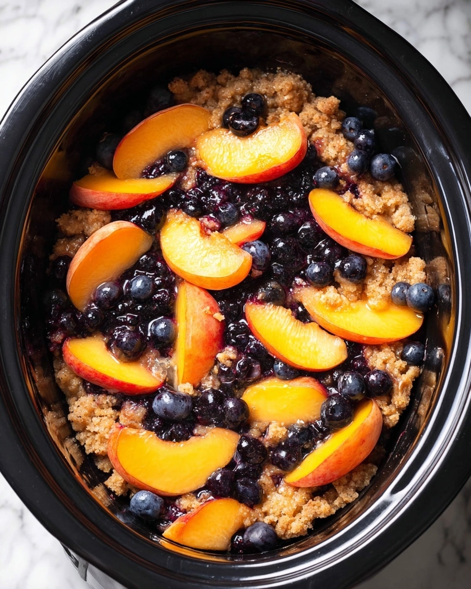 The image shows a black slow cooker filled with a layered fruit dessert. The bottom layer is made of a crumbly, soft mixture in a light brown color. On top, there are bright orange peach slices arranged unevenly across the surface, mixed with shiny dark purple blueberries that look fresh and juicy. The fruits cover the crumbly base completely, showing a natural, homemade look. The slow cooker sits on a white marbled surface. photo taken with an iphone --ar 4:5 --v 7