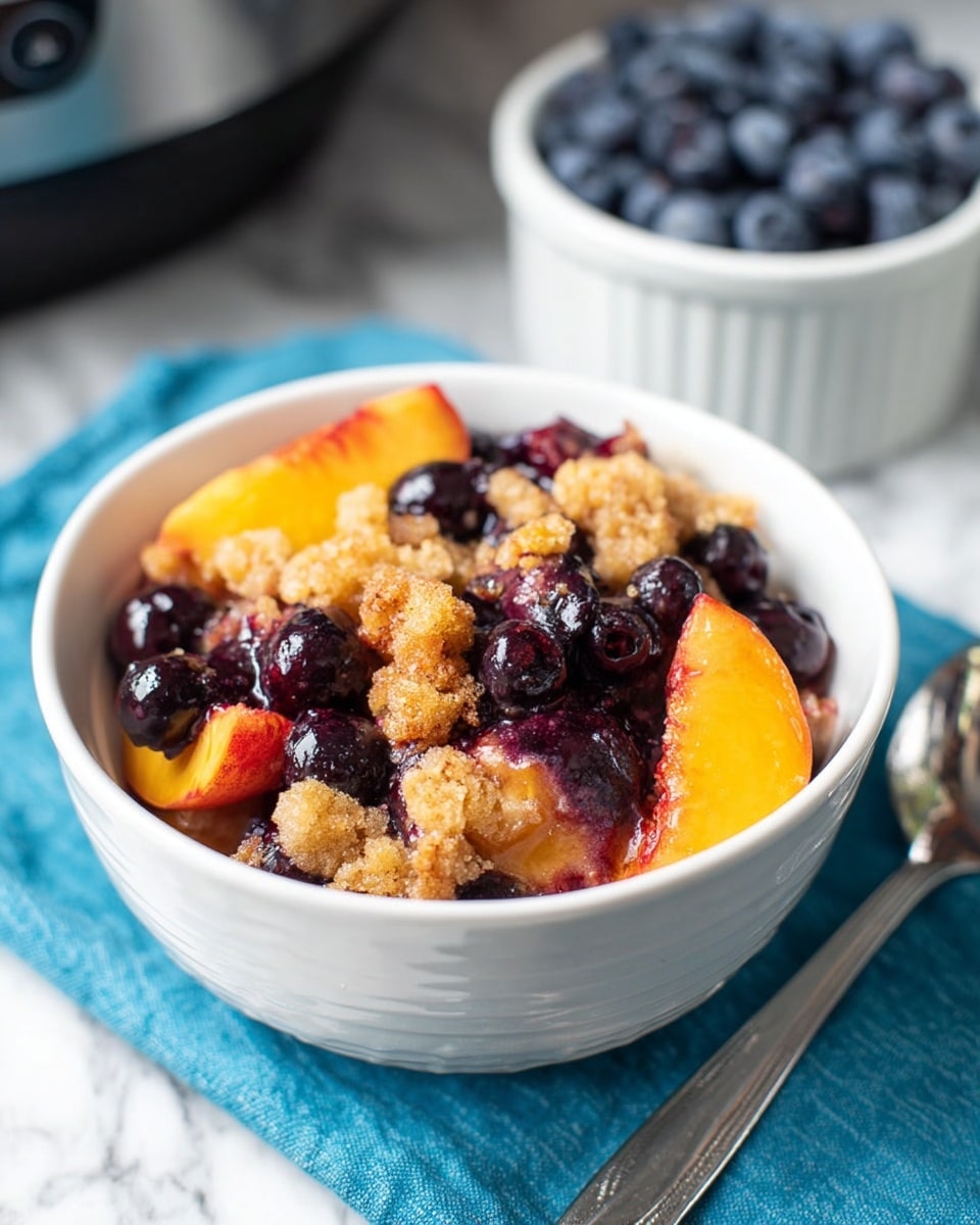 A white bowl filled with a dessert showing three main layers: large soft peach slices on the bottom, a layer of plump shiny dark blueberries scattered throughout, and topped with crumbly golden-brown streusel pieces. The bowl is placed on a blue cloth with a blurred silver spoon nearby. In the background, a white ramekin filled with more blueberries sits on a white marbled surface. The light reflects gently on the fruit, making it look fresh and juicy. Photo taken with an iphone --ar 4:5 --v 7
