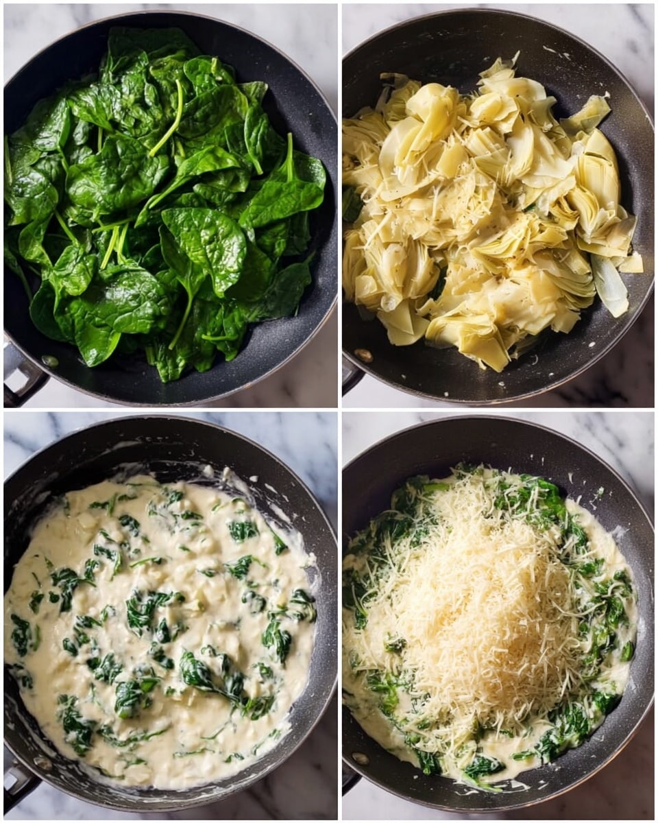 The image shows four pictures of a cooking pan on a white marbled surface, each displaying different layers of a dish being cooked. In the first picture, fresh green spinach leaves with a glossy texture fill the black pan. In the second, the spinach is mixed with light yellow, soft artichoke pieces, both sitting evenly in the pan. The third picture has a creamy white sauce with visible green spinach parts spread across the pan’s base smoothly. In the fourth picture, a heap of grated pale yellow cheese covers about half of the creamy spinach layer. Photo taken with an iphone --ar 4:5 --v 7