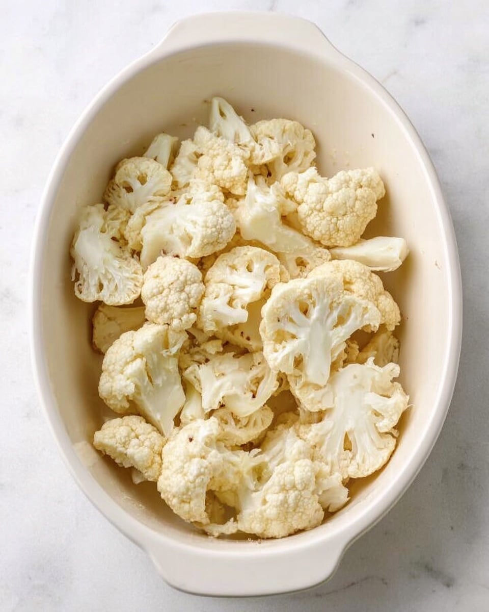 A white oval baking dish filled with several unevenly shaped pieces of raw cauliflower. The cauliflower pieces are pale white with some light beige spots, showing a natural texture with small florets and stems. The dish is placed on a white marbled surface, and there is no visible sauce or seasoning on the cauliflower. The overall look is clean and simple. photo taken with an iphone --ar 4:5 --v 7