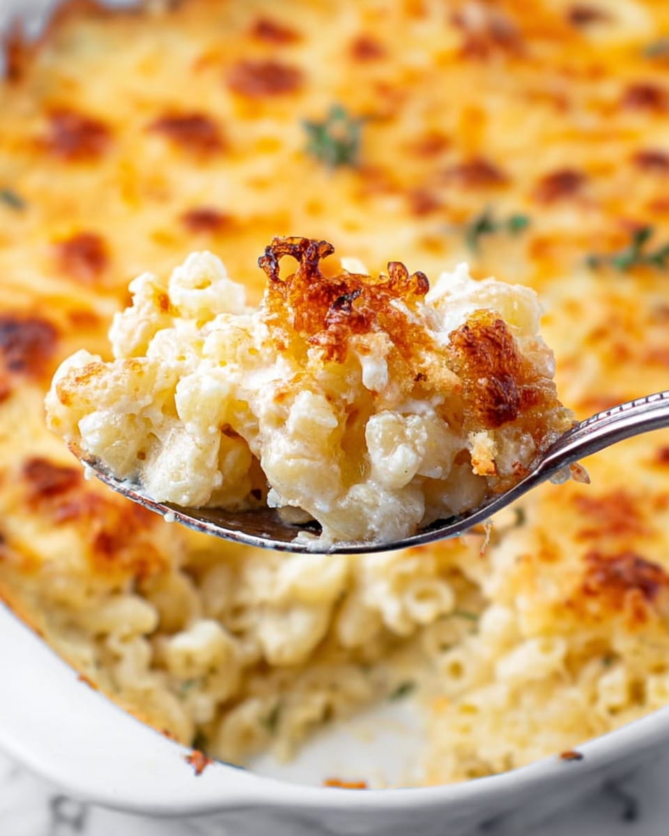 The image shows a close-up of a spoonful of baked macaroni and cheese. The spoon holds a mix of small pasta pieces, creamy white cheese sauce with a few golden brown crispy spots on top, indicating it was baked. The baked macaroni fills a white dish beneath, with a smooth, lightly browned cheese layer evenly covering the pasta. The background surface is white marble which adds a clean look. Photo taken with an iphone --ar 4:5 --v 7