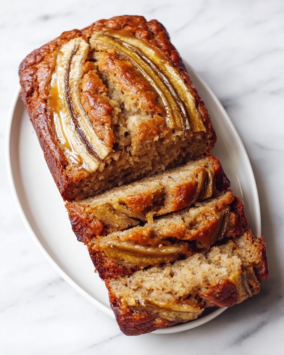 A loaf of banana bread is placed on a white plate on a white marbled surface. The bread is sliced into five thick pieces, showing a soft, moist texture inside with visible banana chunks. The top of the loaf has a golden brown crust with caramelized banana slices arranged in lines, adding a slightly glossy, textured look. The overall color of the bread is a warm light brown with darker brown caramelized banana stripes on top. Photo taken with an iphone --ar 4:5 --v 7