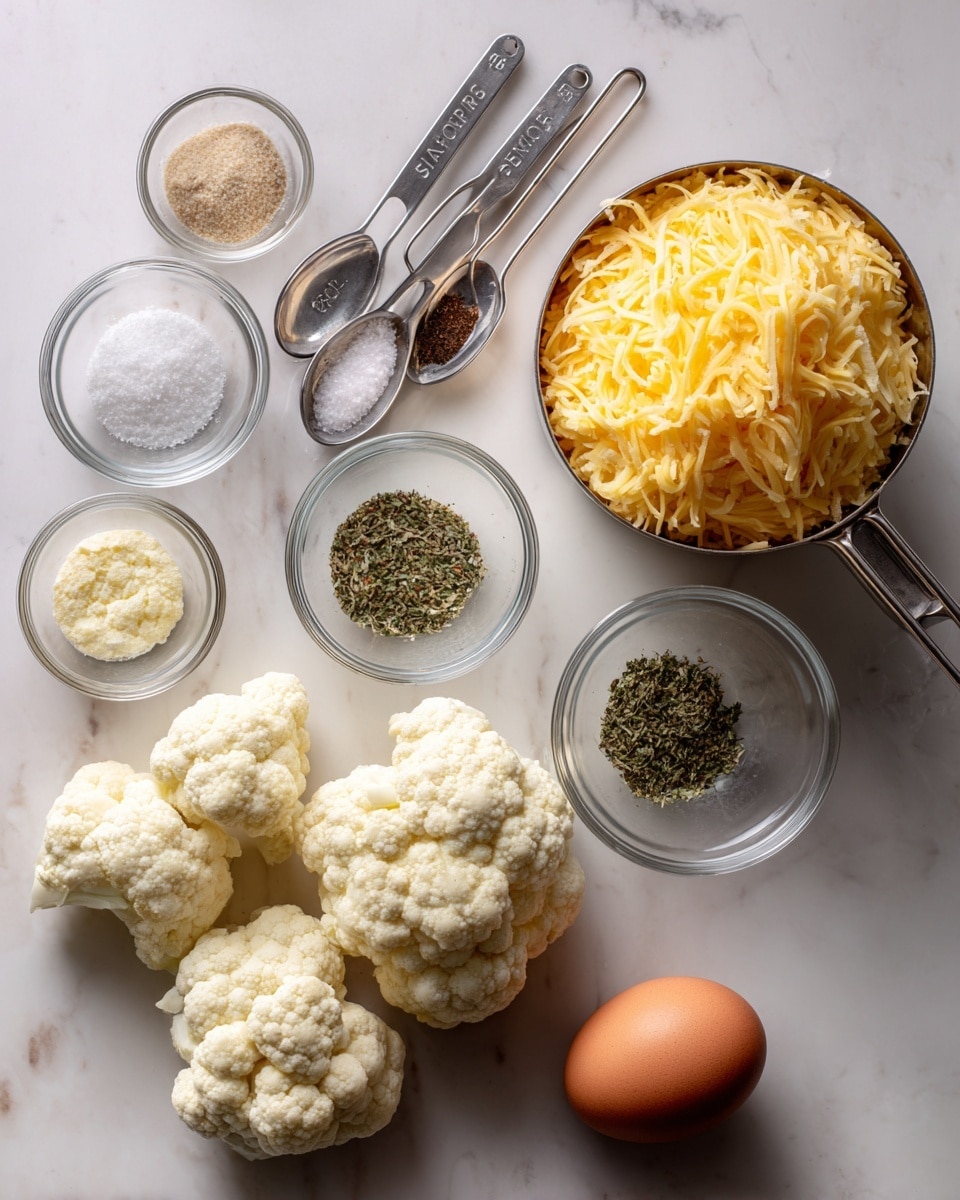 The image shows several ingredients placed on a white marbled surface. There is a metal measuring cup filled with shredded yellow cheddar cheese at the top right. Around it are small clear glass bowls and metal measuring spoons holding white salt, black pepper, garlic powder, onion powder, and oregano, each labeled. At the bottom left, there are several off-white cauliflower florets grouped together. To the right, there is a single brown egg resting on the surface. The overall setup is clean and neatly arranged. Photo taken with an iphone --ar 4:5 --v 7