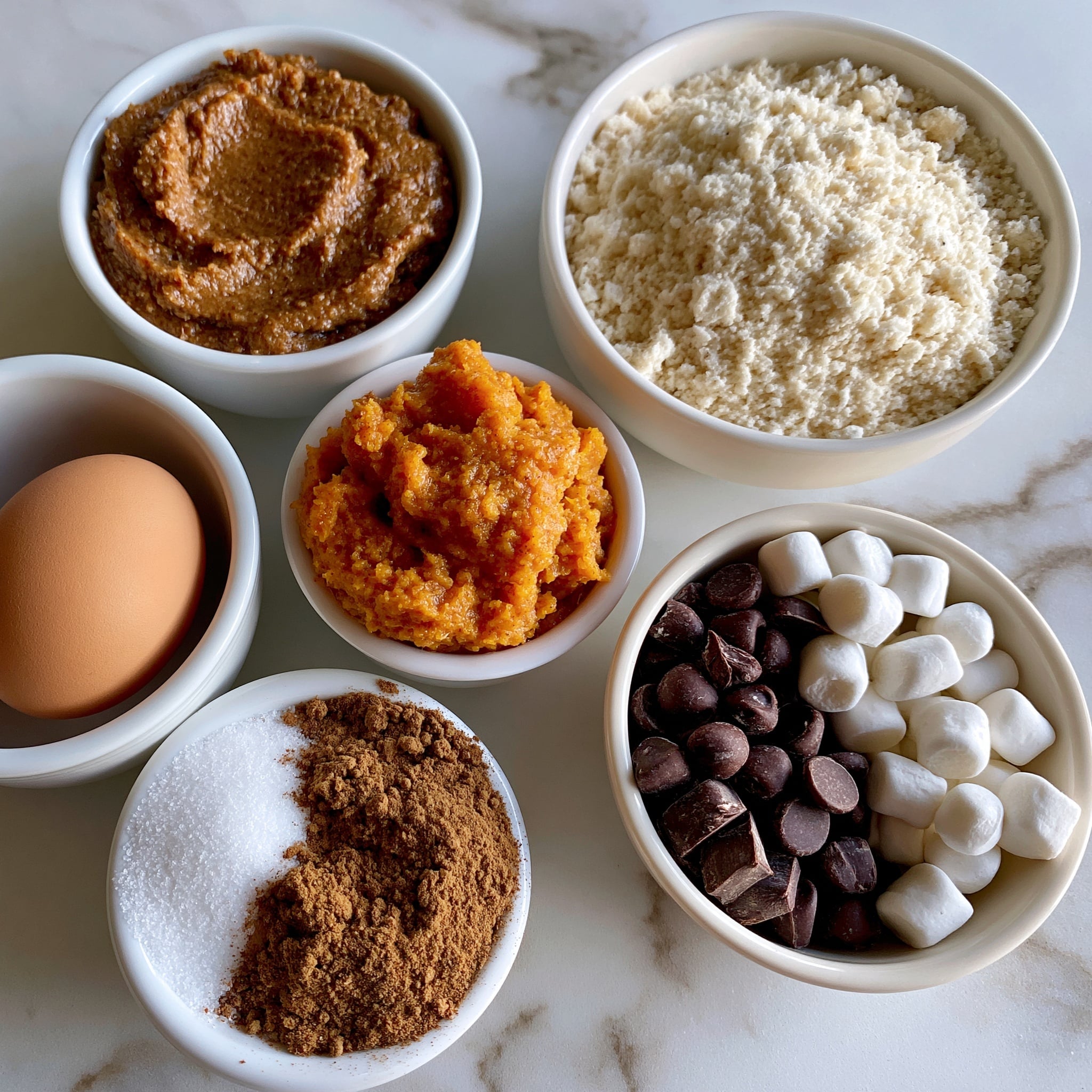 The image shows a collection of round cookies placed on a gold cooling rack over a white marbled surface. Each cookie has a warm brown color with a slightly rough and cracked texture on top. Embedded in the cookies are white, toasted marshmallow pieces and dark brown chocolate chips, scattered unevenly on their surfaces. The cookies vary slightly in size but maintain a consistent thickness, with some having marshmallows more prominently on one side, while others have more chocolate chips visible. The overall arrangement is casual, with cookies close but not overlapping, showing a fresh-baked, cozy appearance. photo taken with an iphone --ar 4:5 --v 7
