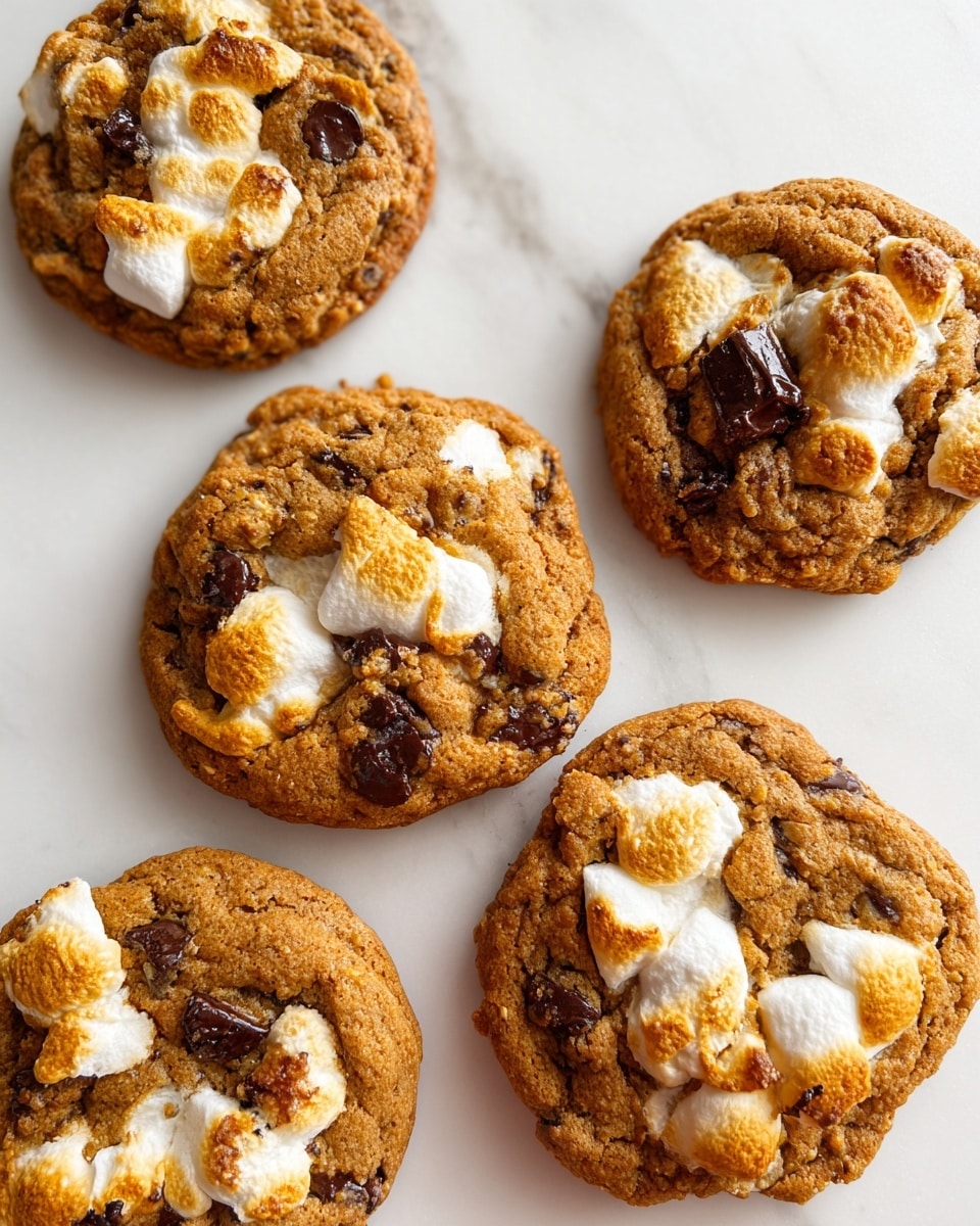 The image shows five freshly baked cookies on a white marbled surface. Each cookie is thick and round with a golden-brown color and a slightly cracked texture. They have visible toasted marshmallow pieces that are white with golden edges, mixed into the top layer. There are also small dark brown chocolate chunks embedded within the cookies, contrasting with the marshmallows. The cookies look soft and chewy with a slightly uneven shape, arranged casually across the surface. Photo taken with an iphone --ar 4:5 --v 7