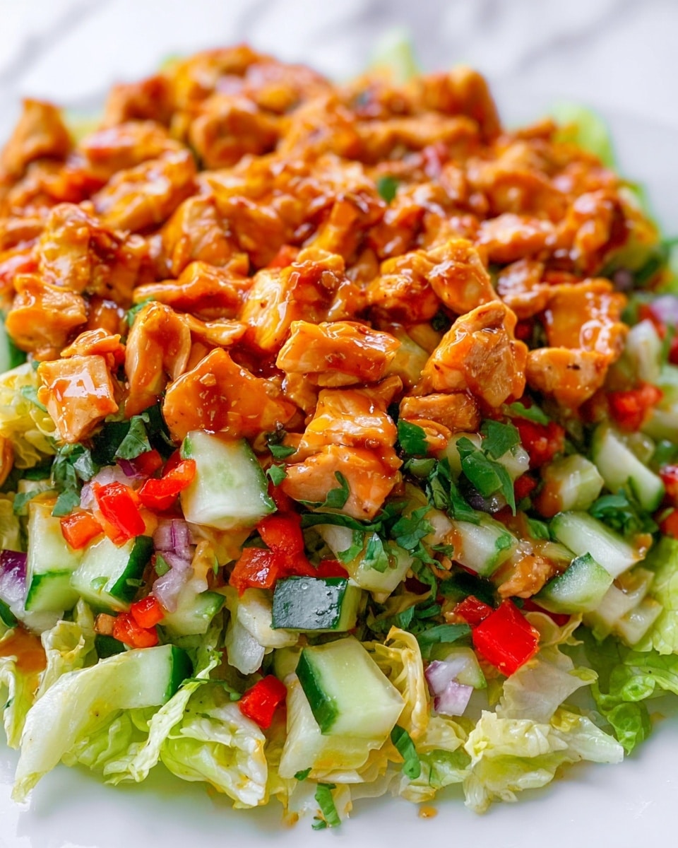 The dish shows a close-up of a colorful salad layered in a white plate on a white marbled surface. The bottom layer is made of light green lettuce leaves with a crunchy texture. On top of this is a mix of diced vegetables including red bell peppers, small cubes of cucumber with dark green skin, and finely chopped white onions, adding pops of red, green, and white colors. The top layer is covered with chunks of cooked chicken coated in a shiny orange sauce, giving the dish a rich and vibrant look. The chicken pieces have a slightly glossy texture and are spread evenly over the vegetables. Photo taken with an iphone --ar 4:5 --v 7