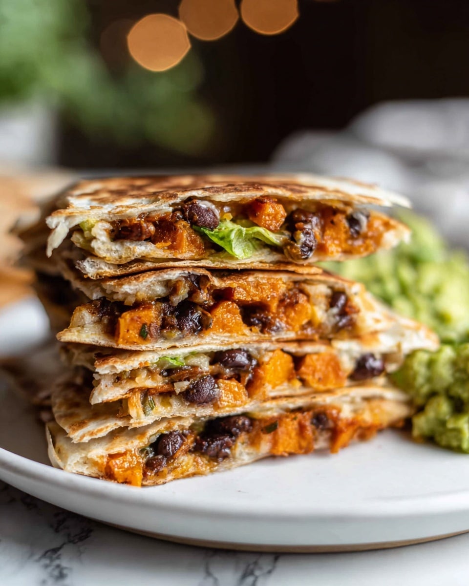A stack of four toasted quesadilla halves is shown on a white plate, placed on a white marbled surface. Each quesadilla layer is golden brown and crispy on the outside, with the inside showing melted cheese, black beans, orange sweet potato chunks, and small green bits of lettuce or herbs. The quesadilla layers are uneven, with melted fillings slightly oozing out between them. On the right side of the plate, there is a dollop of green guacamole. The background is softly blurred with hints of green and white, creating a warm and cozy feel. Photo taken with an iphone --ar 4:5 --v 7