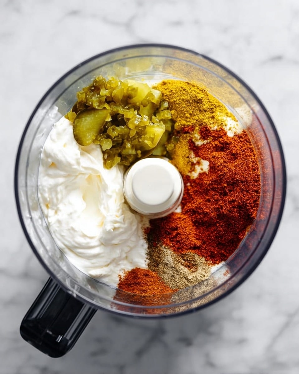 The image shows a clear food processor bowl placed on a white marbled surface, filled with several layers of ingredients. On the left side, there is a dollop of thick white cream, next to a pile of chopped green pickles at the top. To the right, there are various ground spices including red, yellow, and brown powders arranged in small piles beside each other, creating a colorful mix of textures and colors. The clear bowl and the white marbled surface beneath give a clean and simple look. Photo taken with an iphone --ar 4:5 --v 7