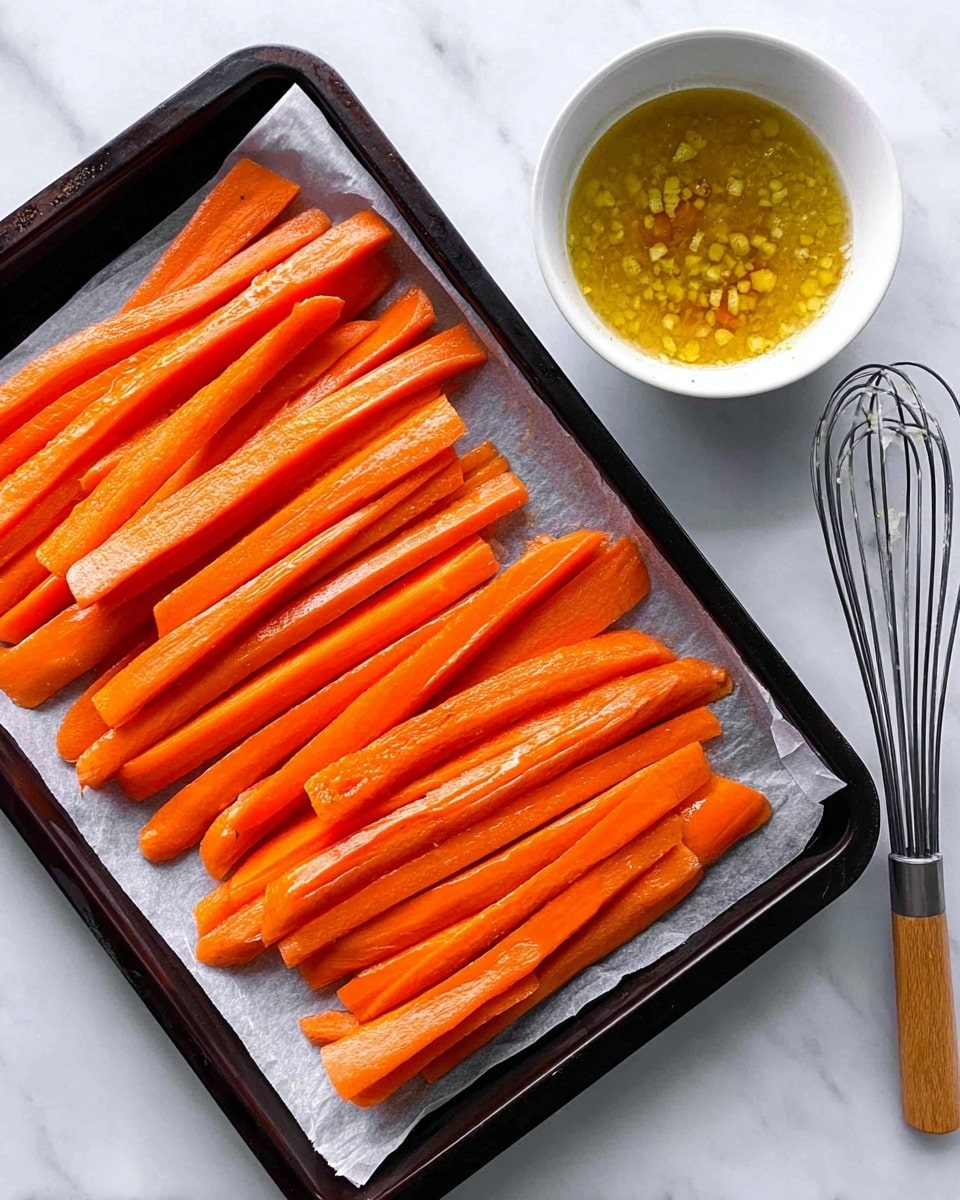The image shows a dark baking tray lined with white parchment paper, filled with two layers of bright orange carrot sticks placed side by side in neat rows. Each carrot stick is long, with a smooth, slightly shiny texture and some rough ends where they have been peeled. To the right of the tray is a small white bowl filled with a yellowish-green sauce that has small bits in it. Next to the bowl is a metal whisk with a black handle resting on a white marbled surface. The photo taken with an iphone --ar 4:5 --v 7