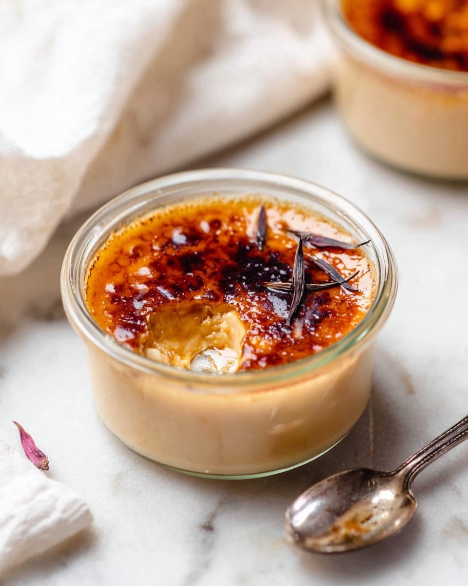 A close-up view of a small round glass dish filled with a creamy beige custard base that has a smooth texture. The top layer is a hard, burnt caramelized sugar crust with shiny patches of amber and dark brown spots, showing a slightly cracked surface. On one side of the crust, there are small dried flower petals and thin dark leaf pieces placed as decoration. The dish is on a white marbled surface with a soft light-colored cloth nearby. photo taken with an iphone --ar 4:5 --v 7