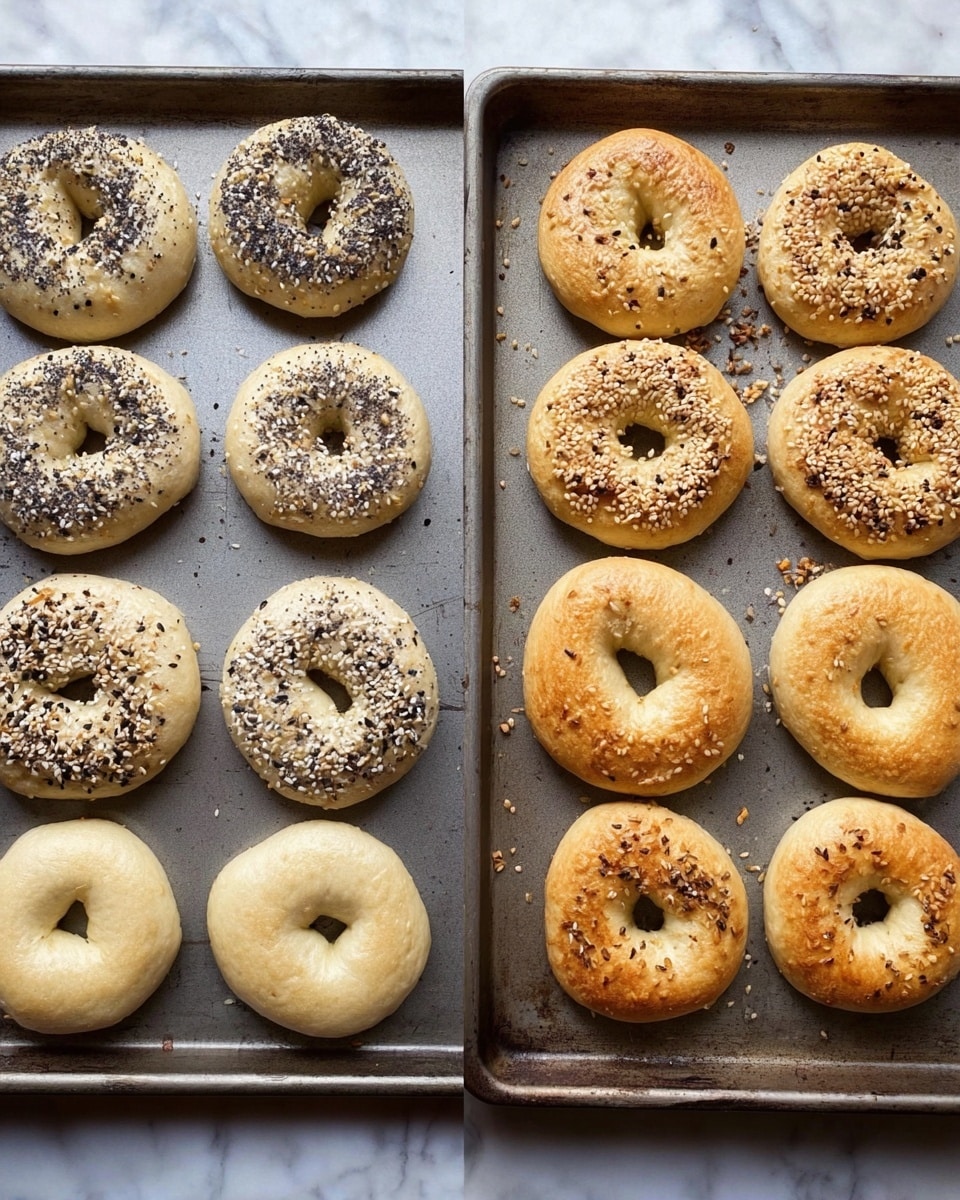 The image shows two sides of a baking tray with bagels. The left side has nine raw bagels arranged in three rows; the top row has three bagels sprinkled with a mix of black and white seeds, the middle row has two plain bagels and one with sesame seeds, and the bottom row has three plain bagels. The dough is smooth and pale. On the right side, the nine bagels are baked and turned golden brown, with a soft and slightly shiny surface. The seed toppings on the bagels stayed visible after baking. The tray rests on a white marbled surface. photo taken with an iphone --ar 4:5 --v 7