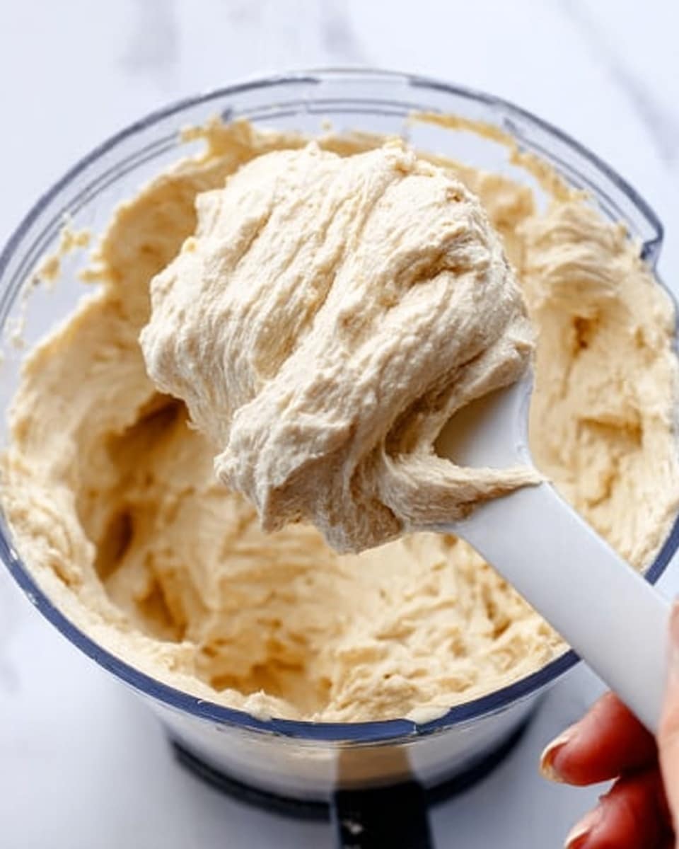 The image shows a close-up of a white spatula lifting a thick, creamy, light beige mixture from a clear blender container. The mixture looks smooth with a slightly fluffy, soft texture, filling the blender almost to the top. A woman's hand is holding the spatula, and the background is a white marbled surface. photo taken with an iphone --ar 4:5 --v 7