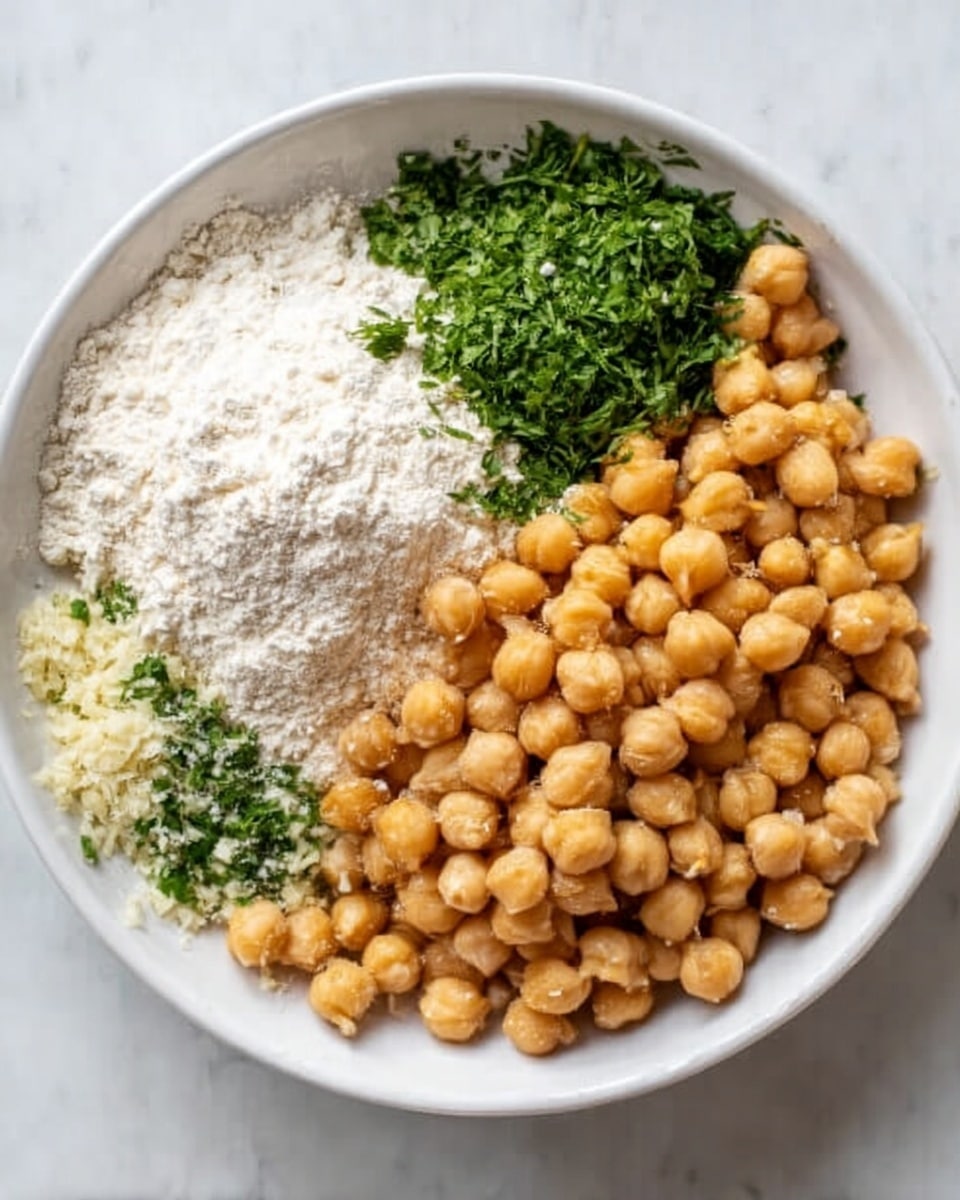 A white bowl on a white marbled surface holds three main parts arranged side by side: a large pile of round, light brown chickpeas on the right, a mound of white flour on the top left, and finely chopped green herbs along with small bits of garlic placed below the flour on the bottom left. The texture shows smooth chickpeas, powdery flour, and leafy herbs all clearly separated within the bowl. Photo taken with an iphone --ar 4:5 --v 7