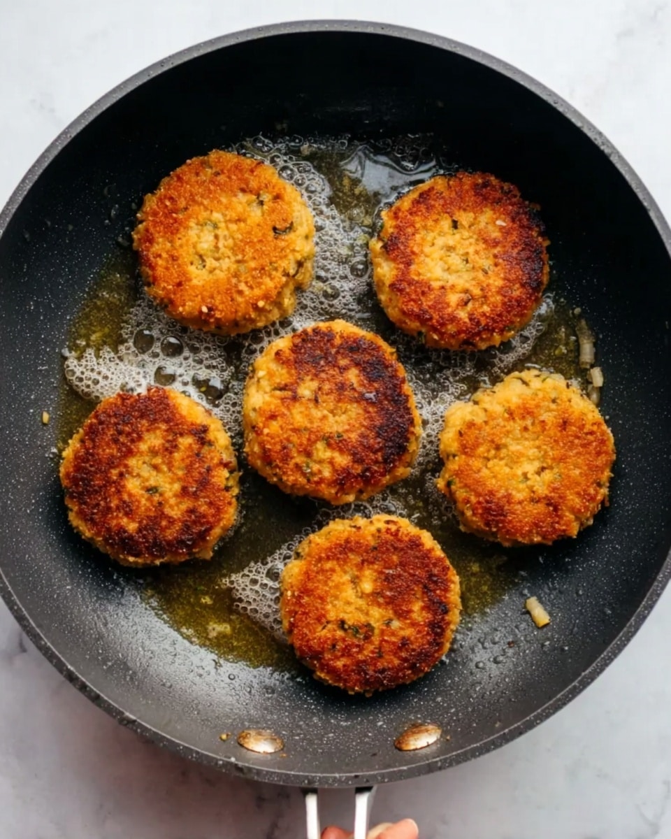 The image shows six golden brown patties frying in a dark gray non-stick pan with oil around them. The patties are round, crispy on the outside with a textured surface showing small pieces of ingredients inside. The pan is placed on a white marbled surface, and a woman's hand is holding the pan handle from the right side. The lighting highlights the warm tones of the patties, giving a fresh cooked look. photo taken with an iphone --ar 4:5 --v 7